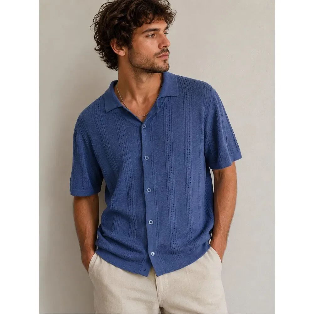 NWT Threadbare Textured Knit Shirt Blue Button Front Short Sleeve XXL Mens